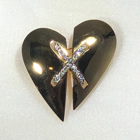 KEYES MENDED BROKEN HEART SHINY GOLD TONE BROOCH - Picture 1 of 15
